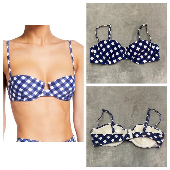 New! Onia gingham plaid underwire bikini top navy blue white 21519 - Picture 1 of 10
